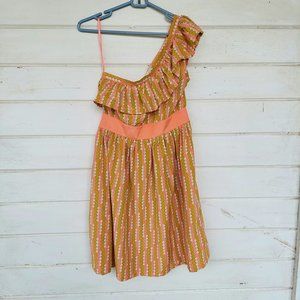 Anthropologie Tulle One Shoulder Orange Green Pattern Dress Medium NWT